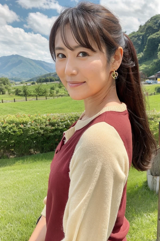 ((Highest quality)), ((masterpiece)), (detailed),Perfect Face,Japanese,landscape,Mature Woman,Upper Body