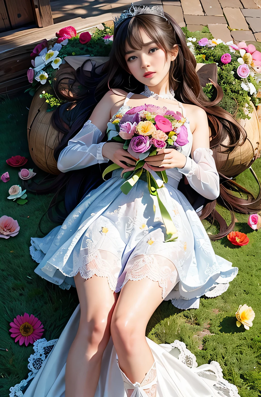 (Ultra-detailed background,detailedbackground),absurderes,A high resolution,ultra - detailed,extremely detaile,1girl,(flower bouquet:1.3),Lie down,(zentangle:1.2),(geomerty:1.2),(a color),