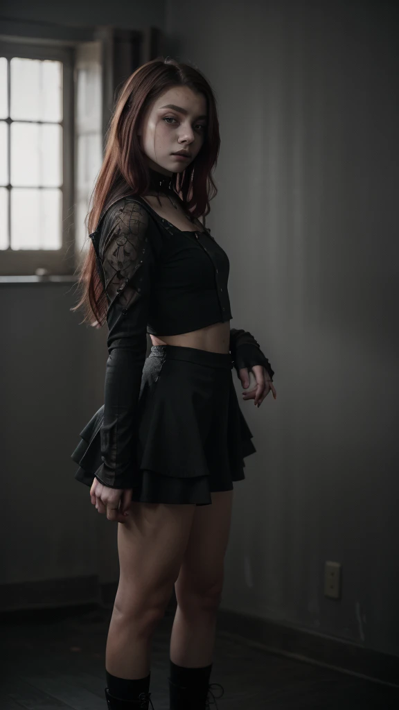 14 year old young sexy girl, red mushroom-shaped hair in gothic style, similar to Chloë Grace Moretz, two-piece goth dress, mini skirt, high quality, perfect hands, super detailed full body shot, detailed facial features, dark moody atmosphere, Renaissance painting style, natural lighting, cinematic, muted color palette, chiaroscuro