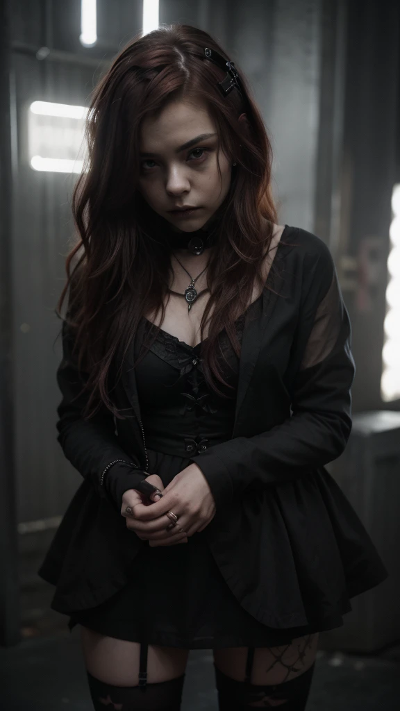 14 year old young sexy girl, red mushroom-shaped hair in gothic style, similar to Chloë Grace Moretz, two-piece goth dress, mini skirt, high quality, perfect hands, super detailed full body shot, detailed facial features, dark moody atmosphere, Renaissance painting style, natural lighting, cinematic, muted color palette, chiaroscuro