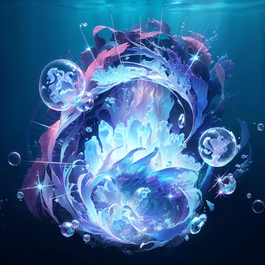"Create a hyper-realistic underwater fantasy scene inspired by anime. The scene should include glowing, bioluminescent elements, water wave effect at the top and side, and an ethereal cityscape in the background. Incorporate dreamy, mystical lighting with soft, flowing colors like blues, purples, and pinks. Ensure that the overall composition and design elements, such as the characters and structures within bubbles, are preserved.