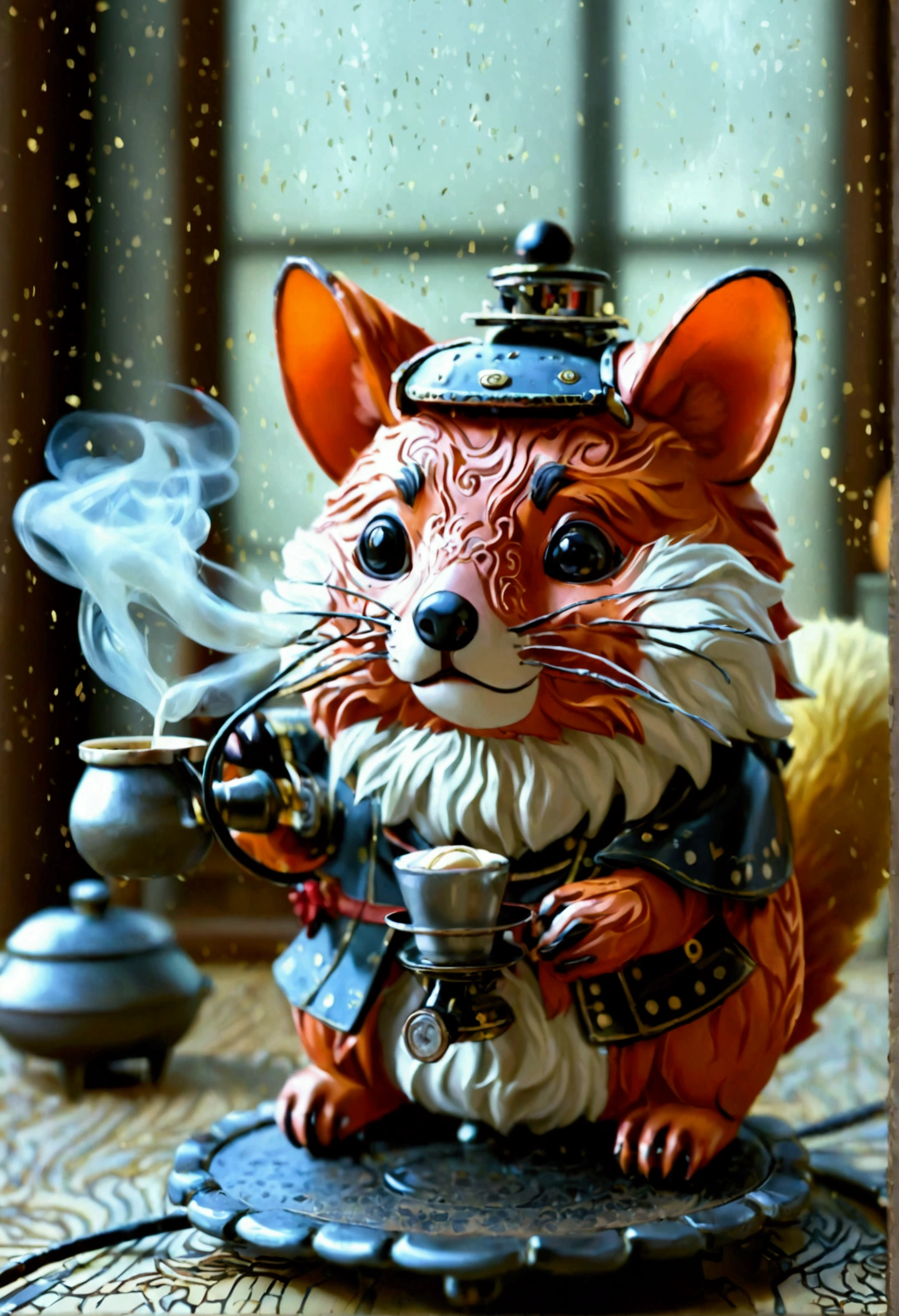 Japanese vintage miniature toy tabletop, Steampunk style tanuki, Japanese wagashi, Micro coffee machine, Flowing liquids, smoke, Little ghost, Awards, bestquality, movie lights, Awards, bestquality, ultra HD, ultra HD, Multi-view, Awards, bestquality, high quality  , Pixar, anime style, Pixar, anime style, Bauhaus, high details, high details, high quality  