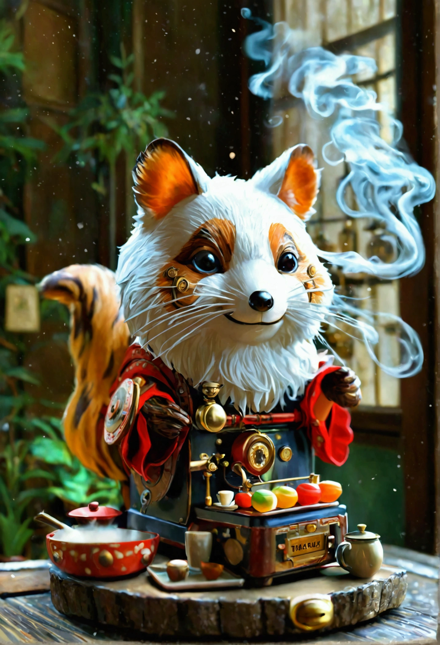 Japanese vintage miniature toy tabletop, Steampunk style tanuki, Japanese wagashi, Micro coffee machine, Flowing liquids, smoke, Little ghost, Awards, bestquality, movie lights, Awards, bestquality, ultra HD, ultra HD, Multi-view, Awards, bestquality, high quality , Pixar, anime style, Pixar, anime style, Bauhaus, high details, high details, high quality