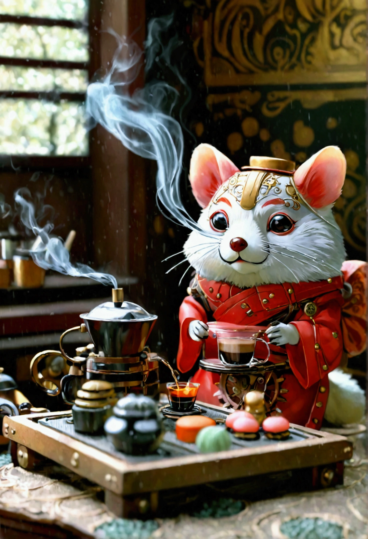 Japanese vintage miniature toy tabletop, Steampunk style tanuki, Japanese wagashi, Micro coffee machine, Flowing liquids, smoke, Little ghost, Awards, bestquality, movie lights, Awards, bestquality, ultra HD, ultra HD, Multi-view, Awards, bestquality, high quality , Pixar, anime style, Pixar, anime style, Bauhaus, high details, high details, high quality