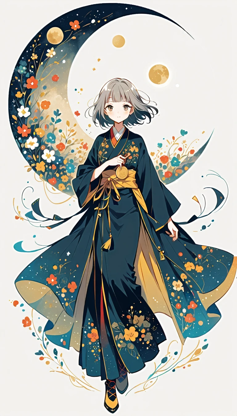 white background, Fujichoco style, black kimono, (((The Most Beautiful Girl))), gray hair, ((full moon)), simple background, Simple line initialism, full body, black tone, Gold Medal,