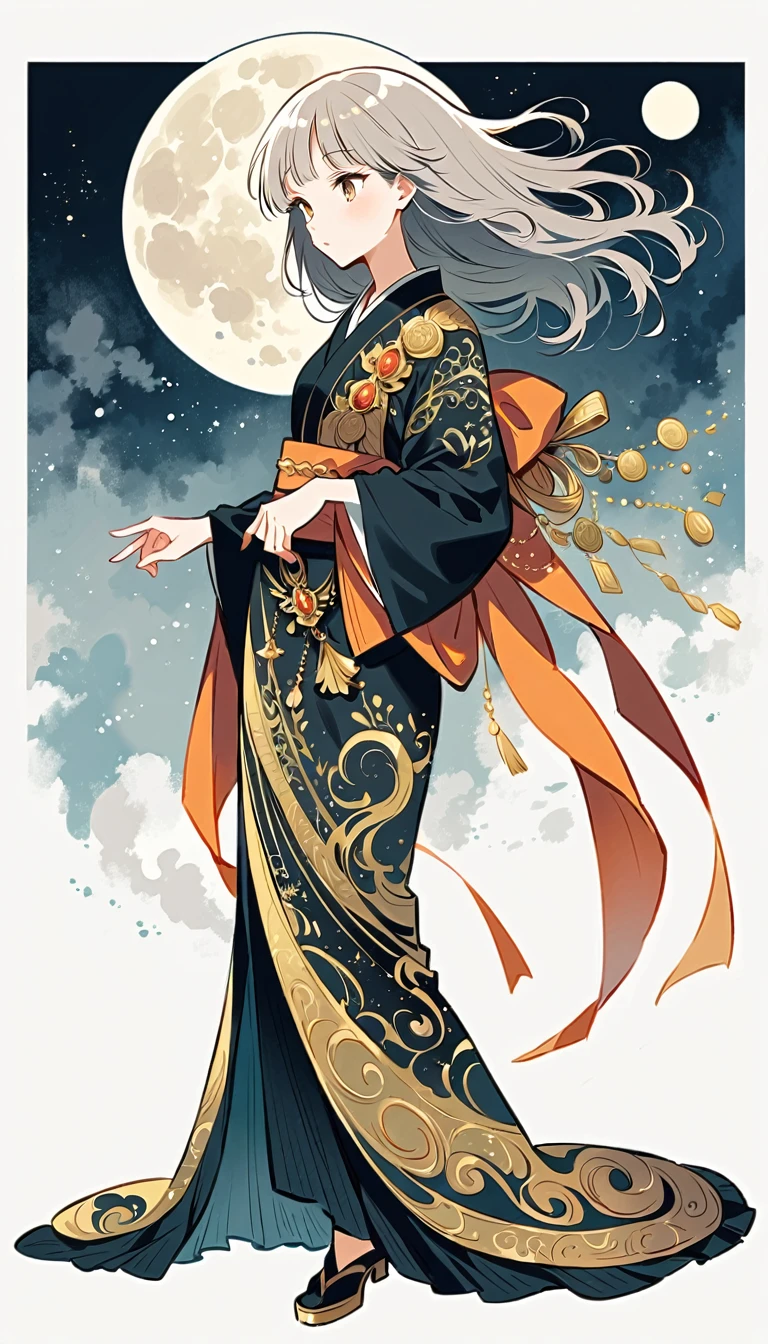 white background, Fujichoco style, black kimono, (((The Most Beautiful Girl))),  gray hair, ((full moon)), simple background, Simple line initialism, full body, black tone, Gold Medal,