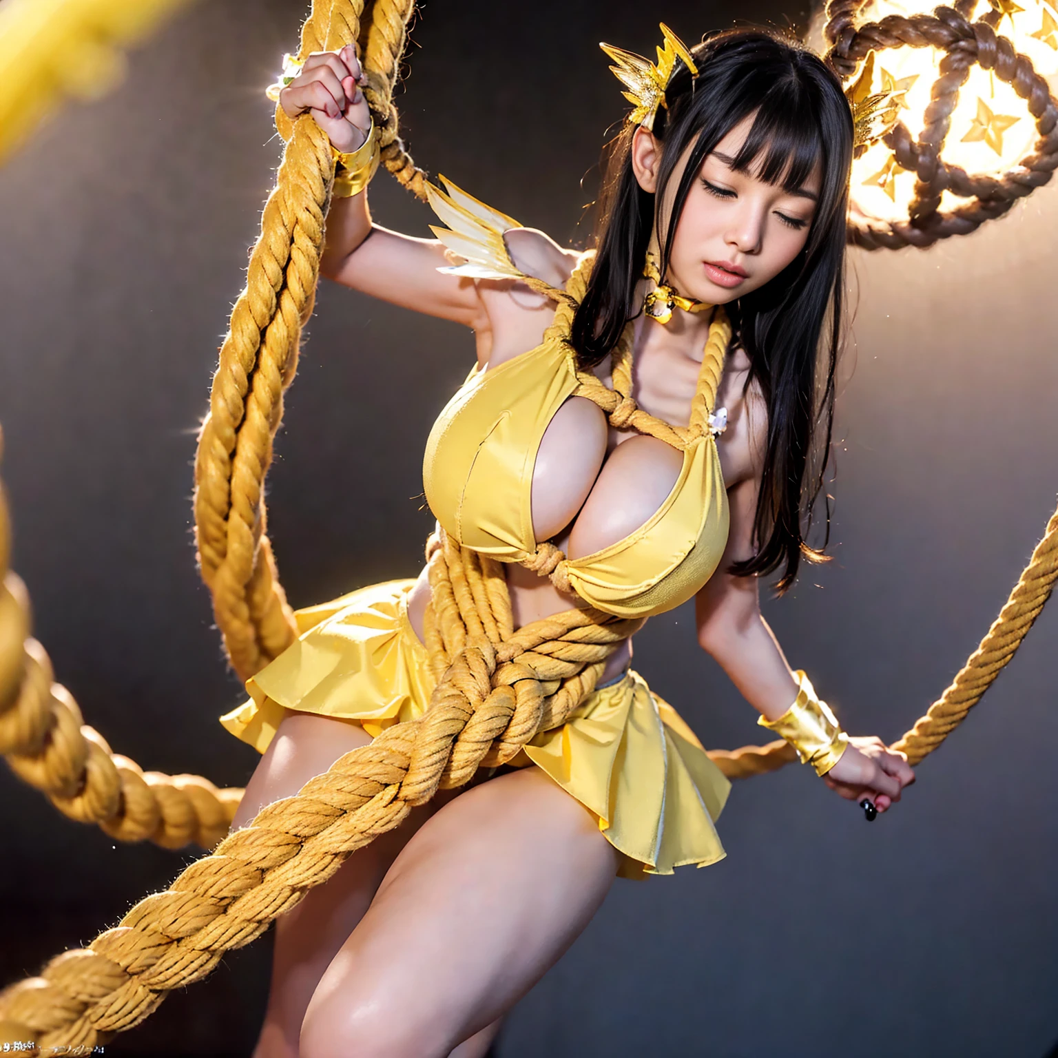 high quality, masterpiece, Very detailed, 8k, A beautiful 15 year old Japanese girl:1.5, Small face, Black hair twin tails, blunt bangs, Breast Augmentation Surgery, (A gorgeous yellow magical girl heroine costume:1.5, tiara), (A woman tied up with rope and hung:1.4), remote_play, remote_Vibrate、　(climax:1.3), Close ~ eyes、　Stick your tongue out、　Open your mouth and show me your throat、　height:149cm、　Frustrated expression