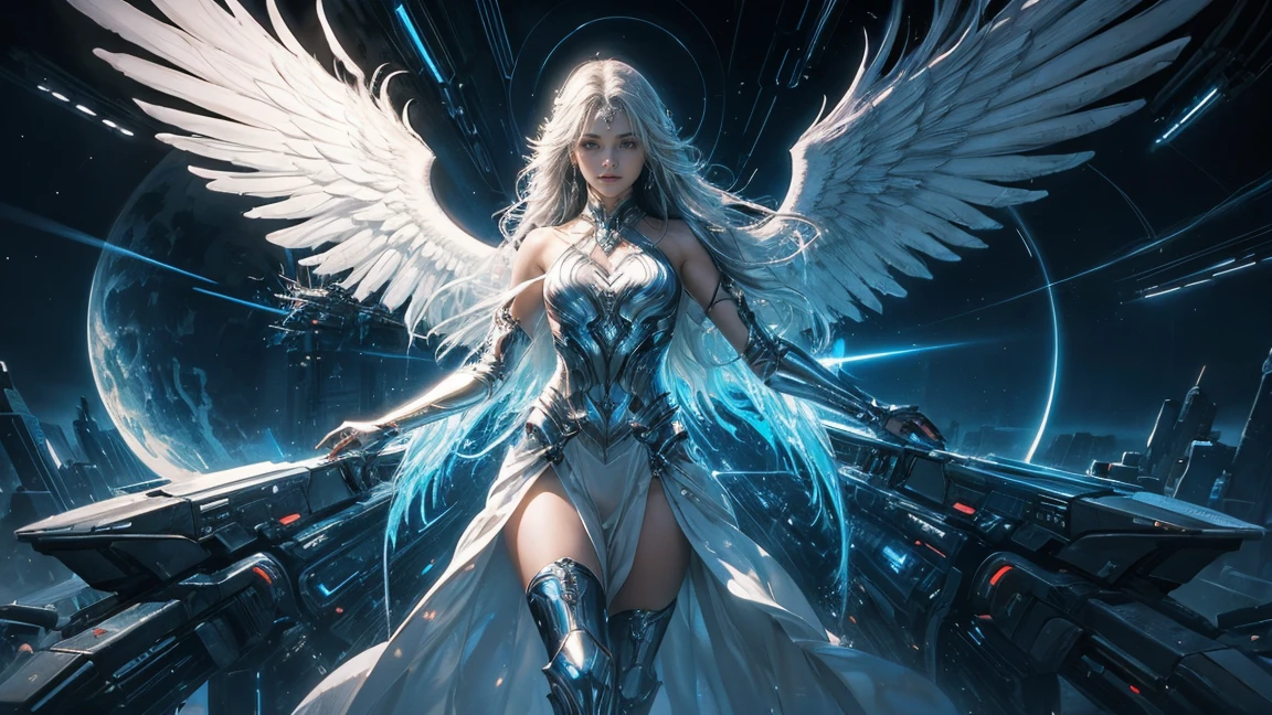 ((masterpiece, Highest quality, Best image quality, High resolution、4k)) One beautiful silver female angel of justice、very beautiful、Glowing white giant wings、Glowing halo、Flowing White Cyber Robe、god々Shining with a bright light。Shiny advanced cybernetic enhancements. Seen in dynamic action poses, reflection on a smooth surface. The cityscape below is filled with towering skyscrapers., illuminated by colorful holographic advertisements, Shining with blue energy, Mighty power. 全体的にgod秘的でミステリアスな雰囲気です, It had a futuristic techno vibe.. The lighting is dramatic, Intense highlights and deep shadows, Creates depth and tension