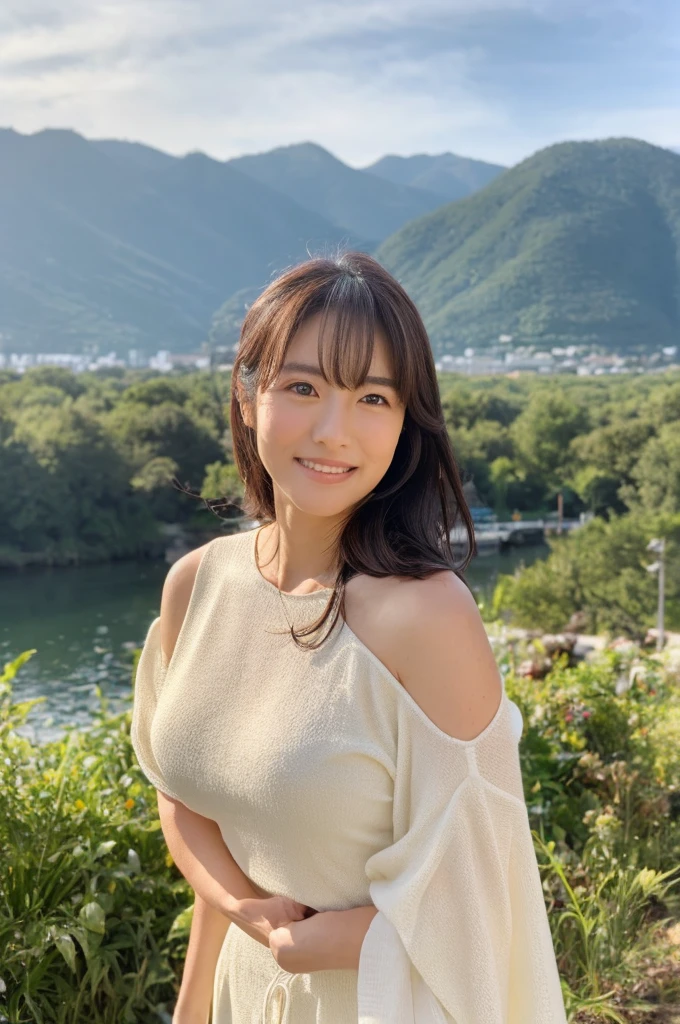 ((Highest quality)), ((masterpiece)), (detailed),Perfect Face,Japanese,landscape,Mature Woman,Upper Body