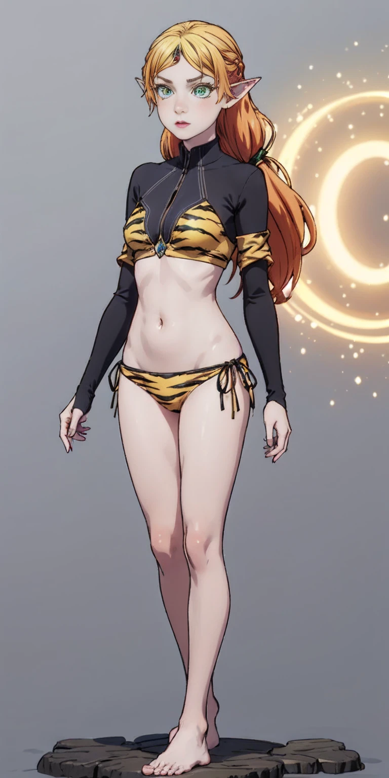 tsundere elf full body toe to head, long hair, blonde hair (green eyes:1.1) pointy ears, elf, multicolored hair, forehead jewel, yellow tiger bikini, standing symmetrical, plain background