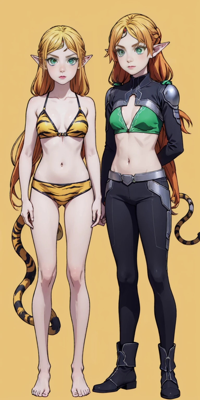 tsundere elf full body toe to head, long hair, blonde hair (green eyes:1.1) pointy ears, elf, multicolored hair, forehead jewel, yellow tiger bikini, standing symmetrical, plain background