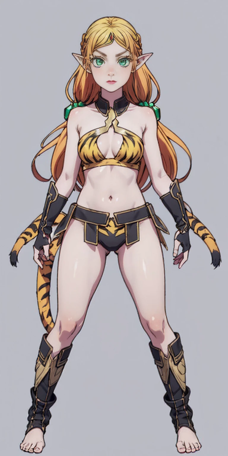 high quality，Q version，Large head proportions，girl，Light long hair，The hair ends are orange，Tiger ears，Gold Hairpin，Show your shoulders，White top，Show your back，Orange and gold hem，Black fur arm guards，Dark Teal Leggings，There is a gold leg ring on the left thigh，Large Breasts，Golden wristband，Gold finger guard，Gold Roller Shoes，Tiger Tail，White background