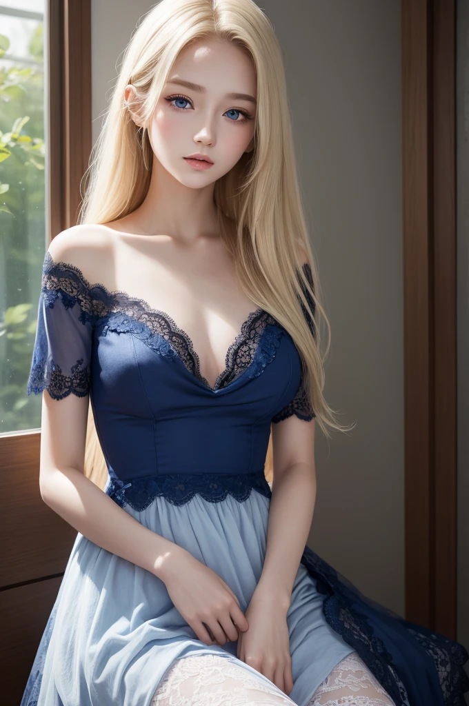 ((Highest quality, 8k, masterpiece :1.3)), (Sharp focus :1.2, Beautiful woman with perfect figure :1.4, Slim Abs :1.2), ((Big Breasts, Emphasize cleavage:1.3)), (Photorealistic:1.4), (realistic:1.4), (Medium Wavy Hair, Light blonde:1.5), Highly detailed face and skin texture, Fine grain, double eyelid. Makeup face, A little bit of lipstick, sex appeal, Sexy gravure pose, ((Gal wearing a blue lace dress、Posing provocatively at Miho no Matsubara in Shizuoka。Emerald earrings and heels to show off her beautiful legs。:1.3)