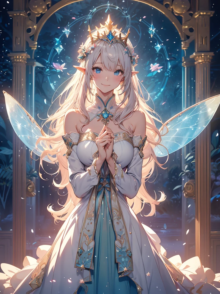 最high quality、1 woman elf on screen 、sexly, Beautifully decorated  dress、Beautiful foam、、CourtyardShining fairy wings、Flower fractal art　　Beautiful Nature　Crystal of snow、Blue Ice World　beautiful dress,　、Bigger on the screen((cowboy shot 　))　　　　、see-throughbodystocking,underwear,Beautiful radiance,High-definition depiction, Realistic, 8k, Unity, beautiful Shot, light smile, Beautifully and vividly drawn, , Beautiful, beautiful, clear skin、sexly,beautiful underwear,Countless rays of light pouring down, Swirling Light, Raise one arm above your head, Intense light is emitted from the magic circle in front of the girl.   forest、Lots of leaves、green leaves、Particles of light、at night、Magic Palace、Fairy tale、
Romanticism,Cowboy Shot: The most beautiful form of chaos, Mr..々colour, Particle,magical gentle light,smile,sexly,image quality、masterpiece、Beautiful Face、Super beautiful elf woman((Big breasted 22 year old office lady、Bust 100,Beautiful long ironed hair 、bionde hair,height: 165cm。、sexly、ANDsbian、、high quality、、Visual art、Written boundary depth、、ANDlf ANDars、、universe、Happy smile、gentle light、ANDlf forest、elegant、ticker beautiful decorative、、magic、forest、beautiful tiara、Beautiful Landscape、A kind smile、wonderful、Fluttering petals、Dance happily、、Cultivate fantasy、、Mystery light　Lots of flowers、、art、forest, palace, art,mystery,Ultra-high resolution,atmosphere A colorful and dreamy anime-style illustration of a young girl with beautiful hair,Beautiful Forest. surrounded by a kaleidoscope of colors and glowing lights. The background is filled with whimsical details and a magical atmosphere. --ar 3:4 --style raw --stylize 600 --niji 6、Throne Beautiful Aquarium