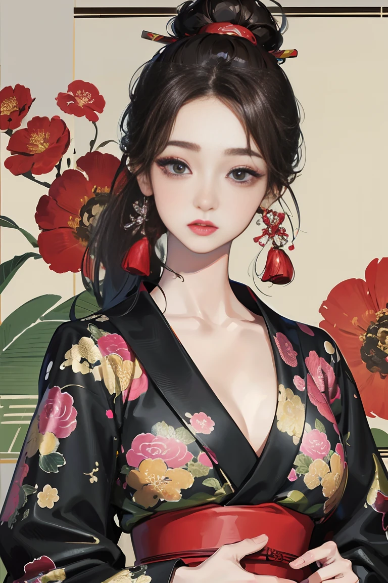 (Highest quality、 8k 、masterpiece、High resolution)、(whole body)、Vibrant colors、Brown-black bob、Traditional round topknot、Ample breasts、(Highly detailed face and eyes、Beautiful Face、Beautiful Eyes、Beautiful nose、Pretty lips)、Detailed Art,(Art with precise detail), (Japanese painting), (A woman in a kimono standing on a bridge),(Vivid floral patterned kimono), Detailed CG、