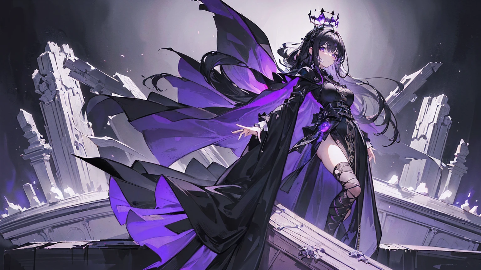 (Super detailed)),((illustration)),((masterpiece)),(((need))),((fine、Highest quality CG Unity 8K wallpapers,masterpiece),((4K,masterpiece,best quality)),Black hair queen,Waist-length hair,Royal sister,Sexy,Tall figure,Lilac eyes,Standing upright in a coffin,mummy,The whole body is wrapped in bandages,Limbs wrapped in bandages,There is a coffin beside him,Mature,Hair Bunch,Hair tied on both sides,Black and purple French vintage clothing,Gorgeous pure black cape,Black veil,Purple-white halo,Black purple boots,Bones piled up underfoot,Wearing a crown on the head,Holding a knight's sword,pyramid,Emitting dim purple light,Brilliant palace,Mysterious symbols,individual,Emit a dim light,Full body picture