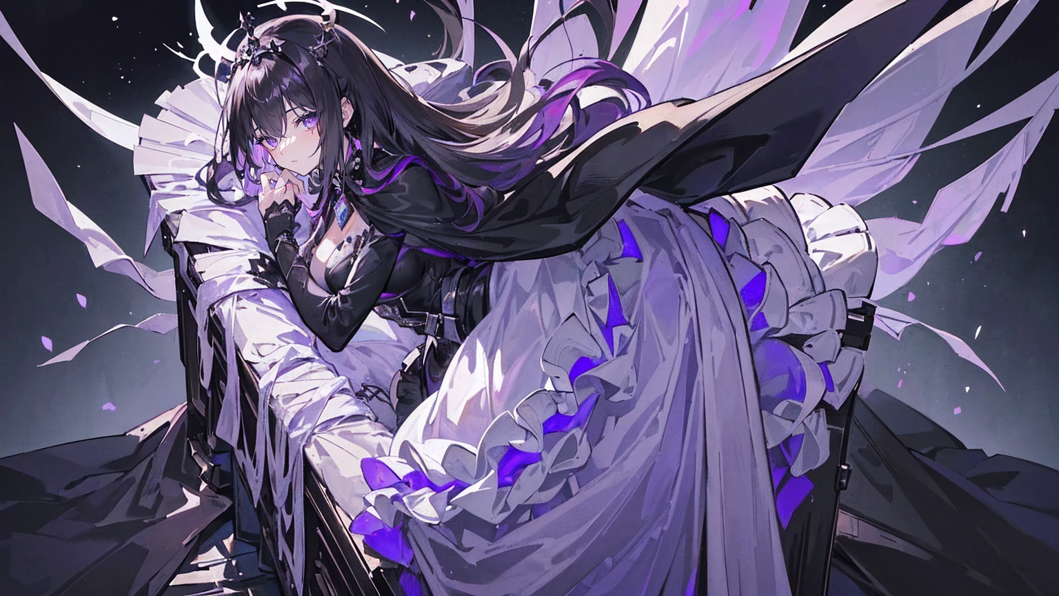 (Super detailed)),((illustration)),((masterpiece)),(((need))),((fine、Highest quality CG Unity 8K wallpapers,masterpiece),((4K,masterpiece,best quality)),Black hair queen,Waist-length hair,Royal sister,Sexy,Tall figure,Lilac eyes,Standing upright in a coffin,mummy,The whole body is wrapped in bandages,Limbs wrapped in bandages,There is a coffin beside him,Mature,Hair Bunch,Hair tied on both sides,Black and purple French vintage clothing,Gorgeous pure black cape,Black veil,Purple-white halo,Black purple boots,Bones piled up underfoot,Wearing a crown on the head,Holding a knight's sword,pyramid,Emitting dim purple light,Brilliant palace,Mysterious symbols,individual,Emit a dim light,Full body picture