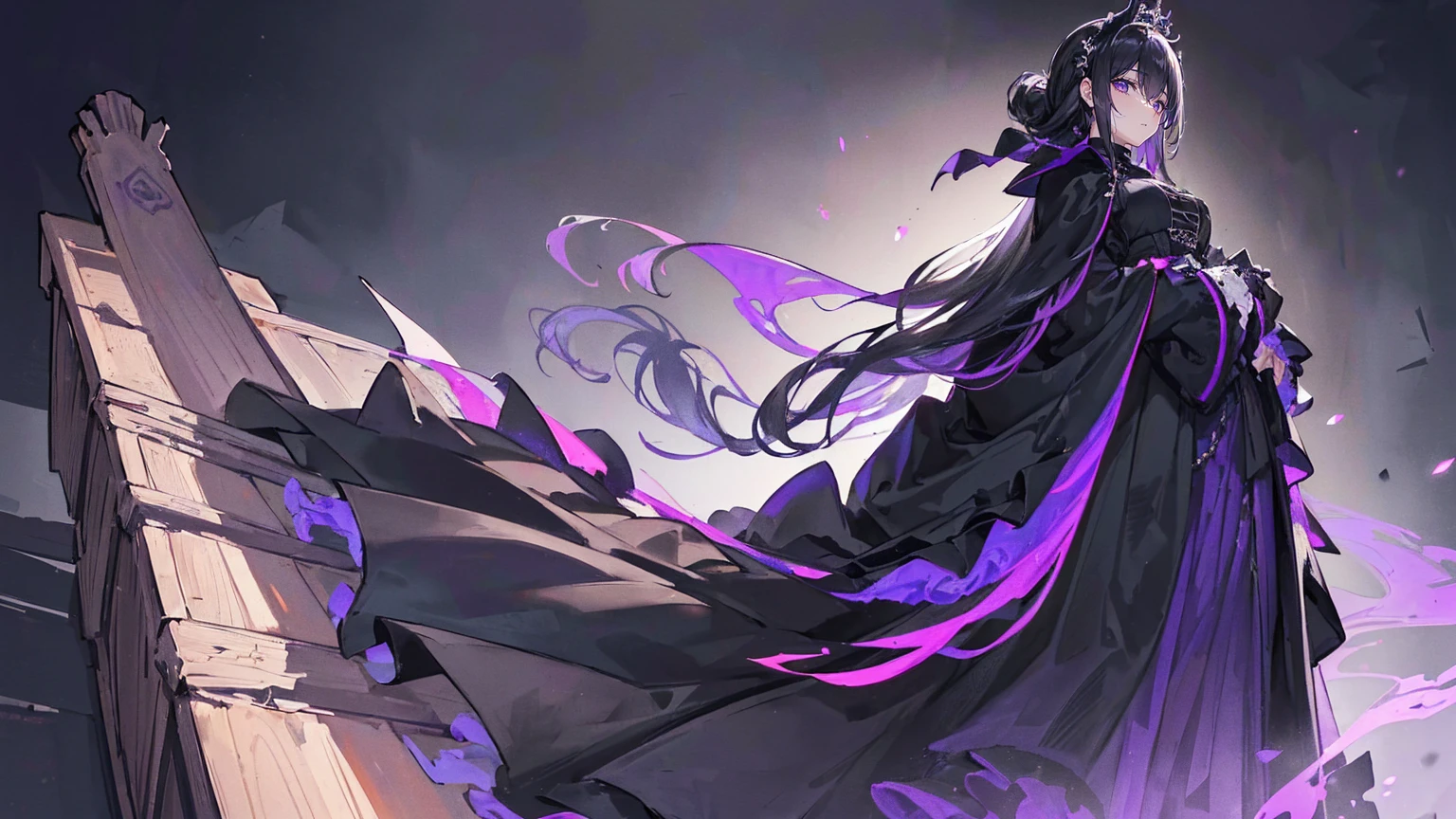 (Super detailed)),((illustration))，((masterpiece)),(((need))),((fine、Highest quality CG Unity 8K wallpapers，masterpiece），（（4K，masterpiece，best quality）），Black hair queen，Waist-length hair，Royal sister，Sexy，Tall figure，Lilac eyes，Standing upright in a coffin，mummy，The whole body is wrapped in bandages，Limbs wrapped in bandages，There is a coffin beside him，Mature，Hair Bunch，Hair tied on both sides，Black and purple French vintage clothing，Gorgeous pure black cape，Black veil，Purple-white halo，Black purple boots，Bones piled up underfoot，Wearing a crown on the head，Holding a knight&#39;s sword，pyramid，Emitting dim purple light，Brilliant palace，Mysterious symbols,individual，Emit a dim light，Full body picture