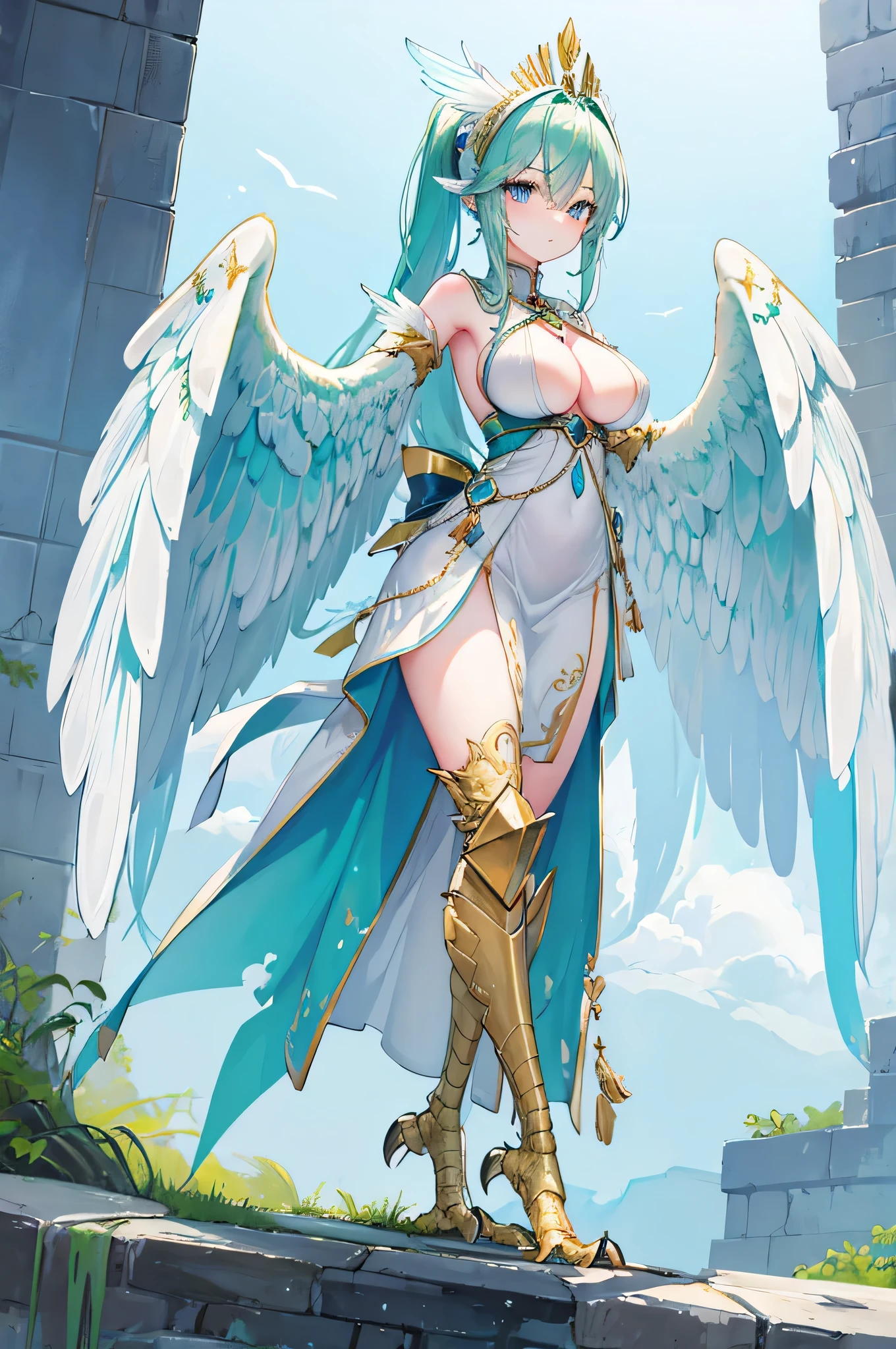 4K,High resolution,One Woman,Harpy,Green Hair,Long Ponytail,Braid,Blue Eyes,Big Breasts,White Wings,Golden toenails,Valkyrie,Female Pope,Goddess Dress,White sacred armor,Winged headgear,Jewelry decoration,Castle in the Sky