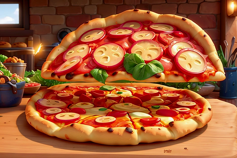 zoom, dishes of hot pizzas and salads, pixar style