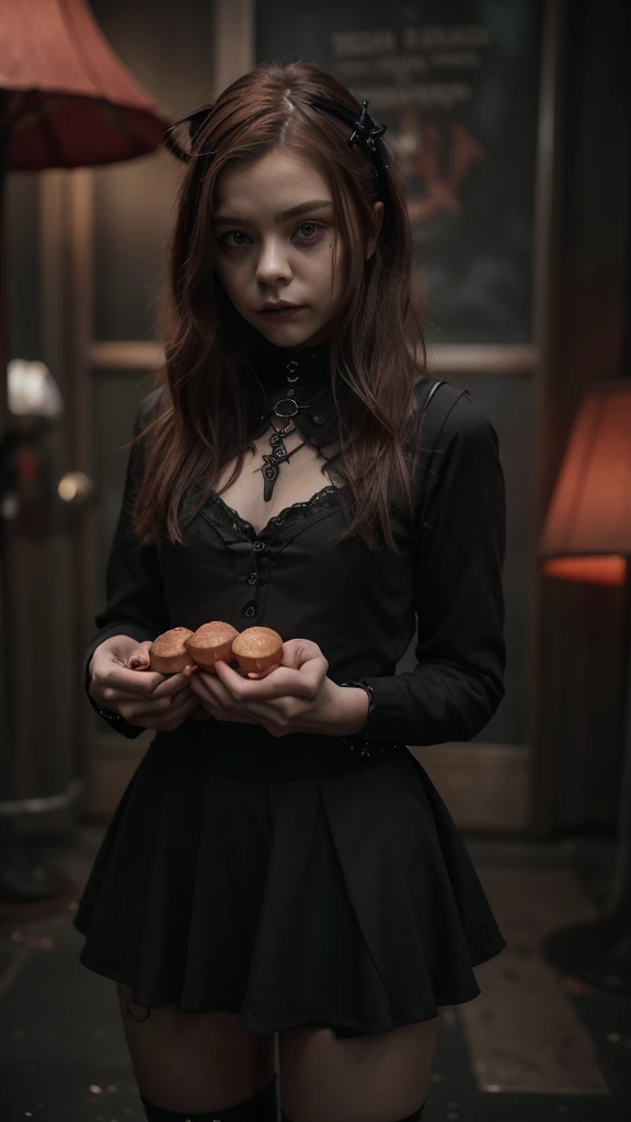 14 year old young sexy girl, red mushroom-shaped hair in gothic style, similar to Chloë Grace Moretz, two-piece goth dress, mini skirt, high quality, perfect hands, super detailed full body shot, detailed facial features, dark moody atmosphere, Renaissance painting style, natural lighting, cinematic, muted color palette, chiaroscuro