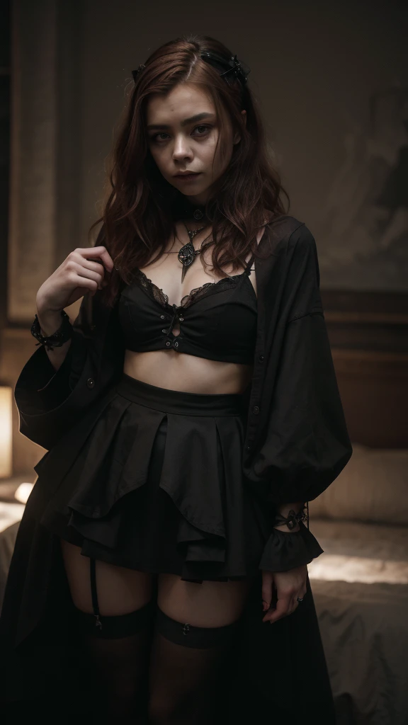 14 year old young sexy girl, red mushroom-shaped hair in gothic style, similar to Chloë Grace Moretz, two-piece goth dress, mini skirt, high quality, perfect hands, super detailed full body shot, detailed facial features, dark moody atmosphere, Renaissance painting style, natural lighting, cinematic, muted color palette, chiaroscuro