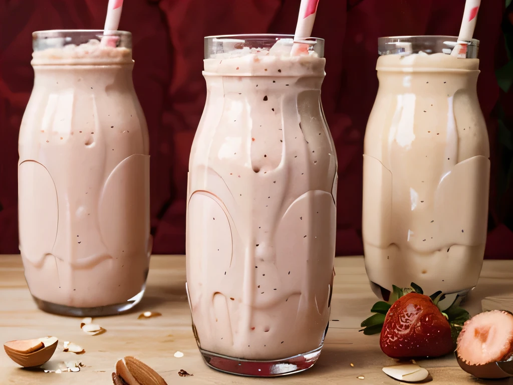 Create the photo of a strawberry and almond smoothie with almond milk that decorates the ingredients