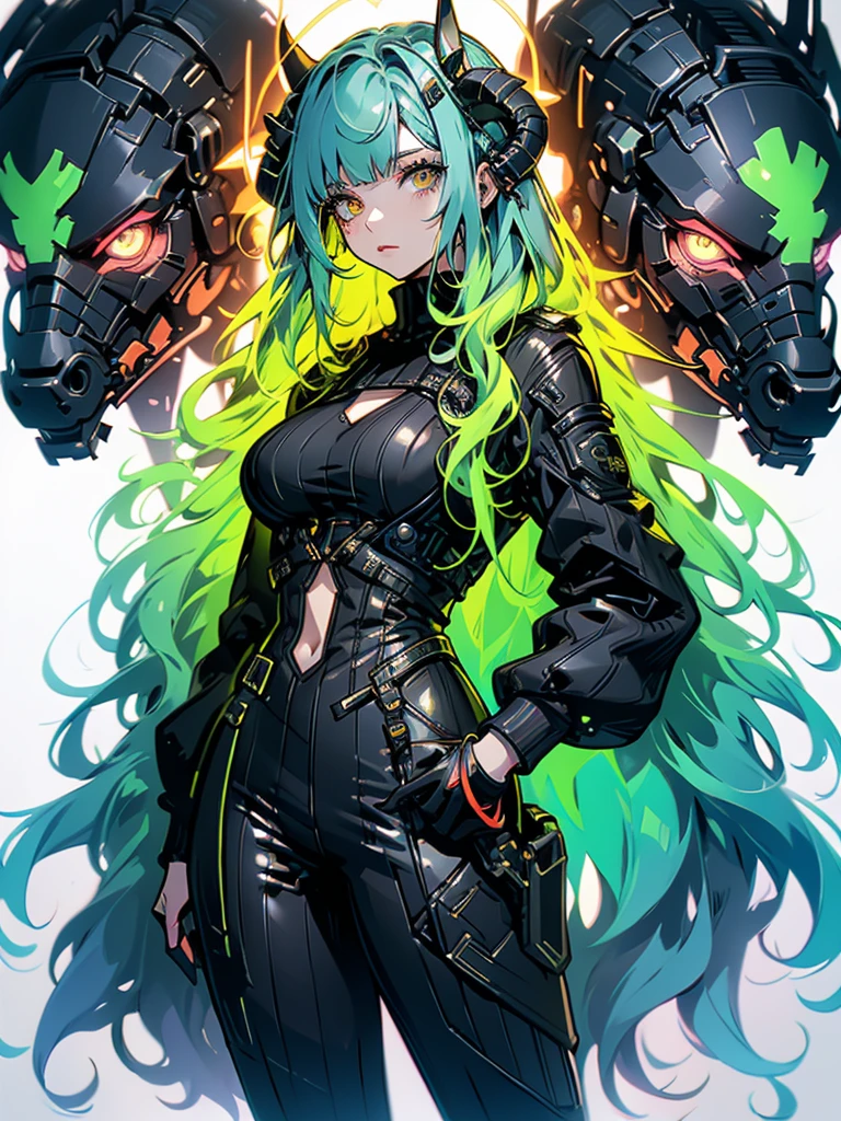 ((live 2D))  masterpiece, 1girl, full body, stands straight, steampunk clothes, military clothing, looking at viewer, detailed face, girl with green wavy hair, bangs, metal sheep horns, gradient hair, multicolored hair, light green hair, turquoise hair tips, wavy hair, gradient eyes, orange eyes, (simple background, white background: 1.3), big ass, thick ass, thick body