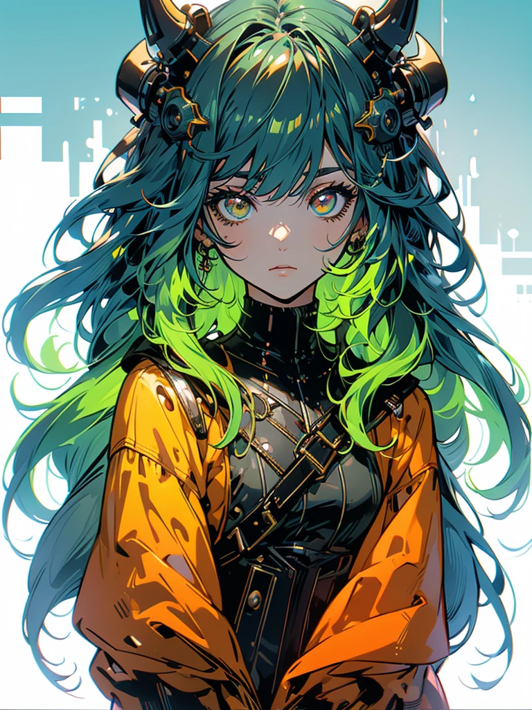 ((live 2D))  masterpiece, 1girl, full body, stands straight, steampunk clothes, military clothing, looking at viewer, detailed face, girl with green wavy hair, bangs, metal sheep horns, gradient hair, multicolored hair, light green hair, turquoise hair tips, wavy hair, gradient eyes, orange eyes, (simple background, white background: 1.3), big ass, thick ass, thick body