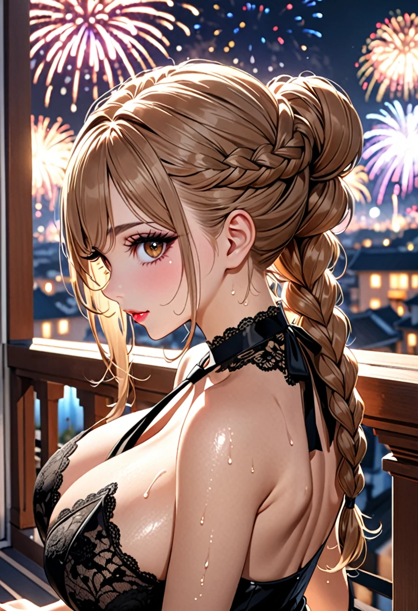 (((Highest quality, Ultra-high resolution、The most complex and detailed depiction)))、((masterpiece:1.3)), (8k, RAW Photos, Best image quality: 1.4), Very detailedな顔、Attention to detail、(Beautiful woman:1.4),(Realistic:1.4) (8k, RAW Photos,), (photo-Realistic:1.2), Very detailed, Beautiful attention to detail, (girl:1.3)Dark eyeliner、Eyelash length、False eyelashes、double eyelid、Brown eyes、Light fluorescent lip gloss, ((hostess:1.2)),(Huge breasts:1.6),、(Cleavage:1.2)、(((Light brown hair、Braiding hair、((Tie the braided hair at the back of your head,Put your braided hair up)))))、Gal-style makeup、Dark eyeliner、Black eyeliner、Heavy eye makeup、Eyelash length、False eyelashes、Eyelash length、Big eyes、Big black eyes、Big eyes、elongated nose、Heavy makeup、Face with gills、Spread your legs and face forward.、(((whole body)))、sexy、Glamorous Body、(Saggy breasts、Large saggy breasts)、((Sweat、Your body is wet))、((I can see the fireworks from my balcony))、Black lace dress、Look back here、Sit on the balcony、From the side