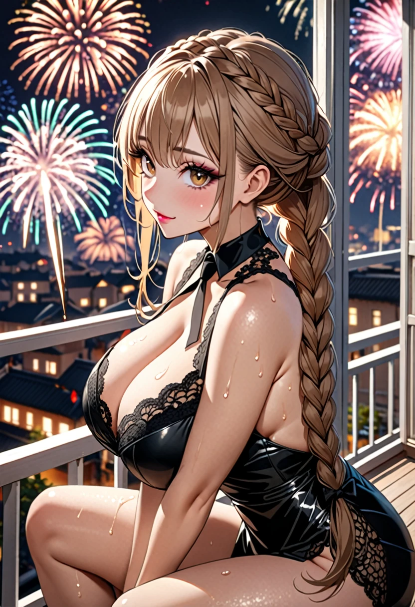 (((Highest quality, Ultra-high resolution、The most complex and detailed depiction)))、((masterpiece:1.3)), (8k, RAW Photos, Best image quality: 1.4), Very detailedな顔、Attention to detail、(Beautiful woman:1.4),(Realistic:1.4) (8k, RAW Photos,), (photo-Realistic:1.2), Very detailed, Beautiful attention to detail, (girl:1.3)Dark eyeliner、Eyelash length、False eyelashes、double eyelid、Brown eyes、Light fluorescent lip gloss, ((hostess:1.2)),(Huge breasts:1.6),、(Cleavage:1.2)、(((Light brown hair、Braiding hair、((Tie the braided hair at the back of your head,Put your braided hair up)))))、Gal-style makeup、Dark eyeliner、Black eyeliner、Heavy eye makeup、Eyelash length、False eyelashes、Eyelash length、Big eyes、Big black eyes、Big eyes、elongated nose、Heavy makeup、Face with gills、Spread your legs and face forward.、(((whole body)))、sexy、Glamorous Body、(Saggy breasts、Large saggy breasts)、((Sweat、Your body is wet))、((I can see the fireworks from my balcony))、Black lace dress、Look back here、Sit on the balcony、From the side