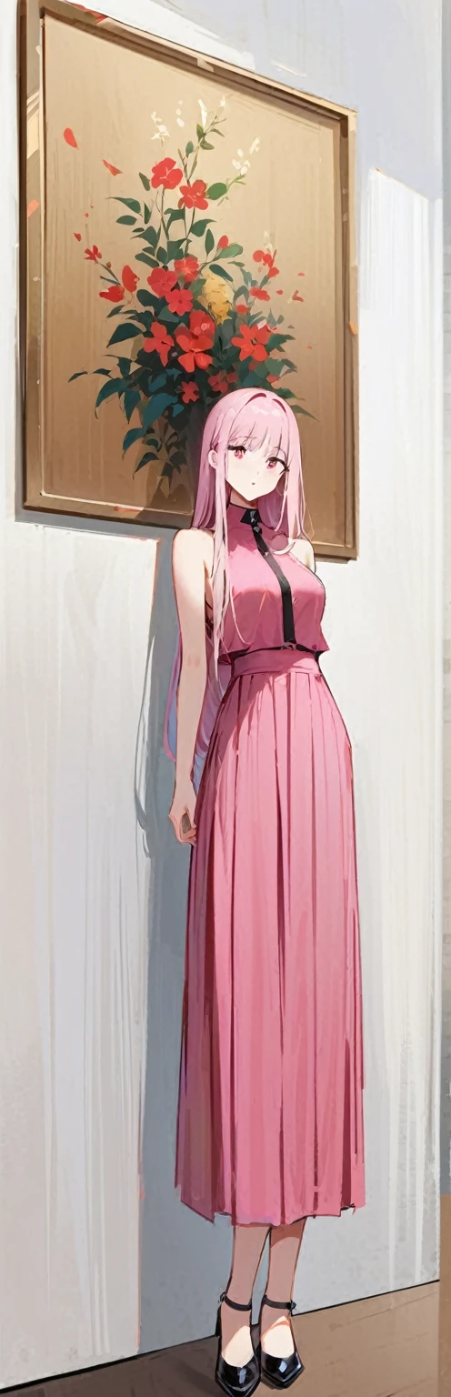 (work of art, best qualityer:1.2), 1 girl, standing alone,standing_to divide,
long hair,blackw无袖短背心,pink skirt,blackw