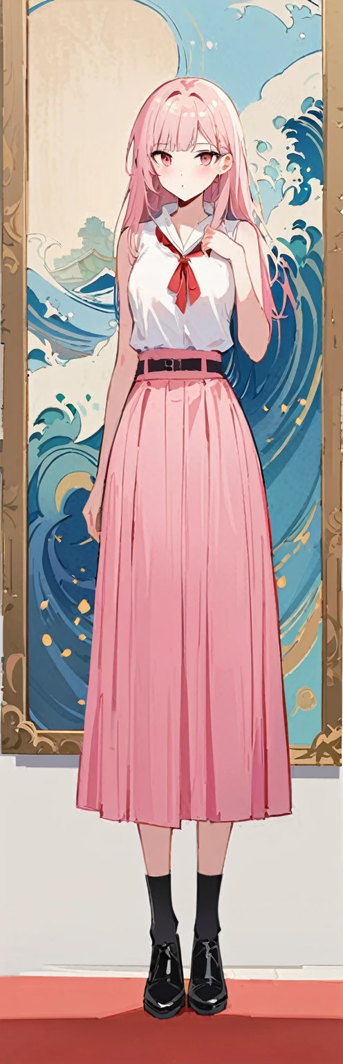 (work of art, best qualityer:1.2), 1 girl, standing alone,standing_to divide,
long hair,blackw无袖短背心,pink skirt,blackw