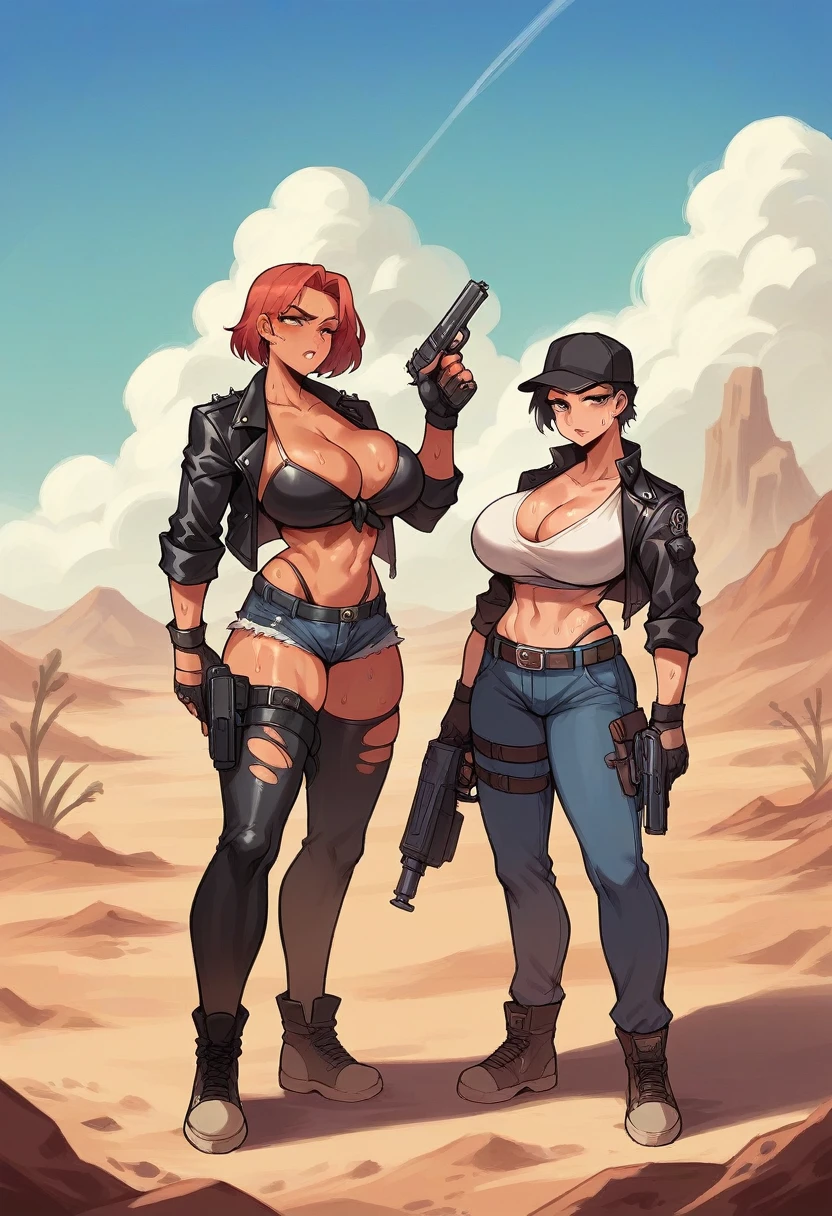 A hot women, in desert hot weather, wearing leather jacket , , big , sexy women, hot weather hot women, cleavage, covered in sweat , extreme beautiful women, standing with a gun, and a bikers gang on bikes, she's holding a pistol, is standing behind her, in a post apocalyptic world
