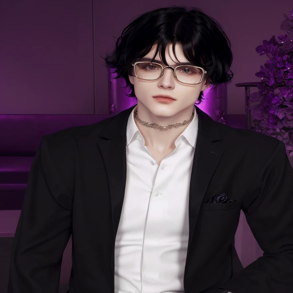 There is a man in a suit and glasses posing for a photo, inspired by Jean Malouel, delicate androgynous prince, inspired by Aleksander Gine, !!wearing modern glasses!!, androgynous man, in a suit with black glasses, inspired by Eugene Leroy, second life avatar, ((wearing aristocratic robe)), cute androgynous prince