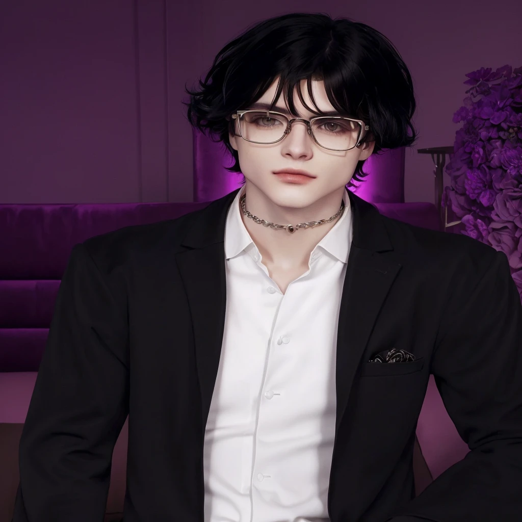 There is a man in a suit and glasses posing for a photo, inspired by Jean Malouel, delicate androgynous prince, inspired by Aleksander Gine, !!wearing modern glasses!!, androgynous man, in a suit with black glasses, inspired by Eugene Leroy, second life avatar, ((wearing aristocratic robe)), cute androgynous prince