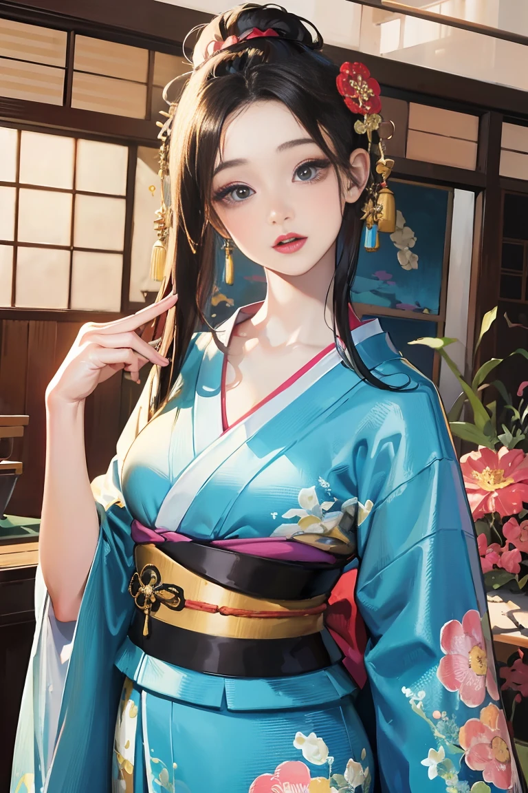 (Highest quality、 8k 、masterpiece、High resolution)、(whole body)、Vibrant colors、Brown-black bob、Traditional round topknot、Ample breasts、(Highly detailed face and eyes、Beautiful Face、Beautiful Eyes、Beautiful nose、Pretty lips)、Detailed Art,(Art with precise detail), (Japanese painting), (A woman in a kimono standing on a bridge),(Vivid floral patterned kimono), Detailed CG、
