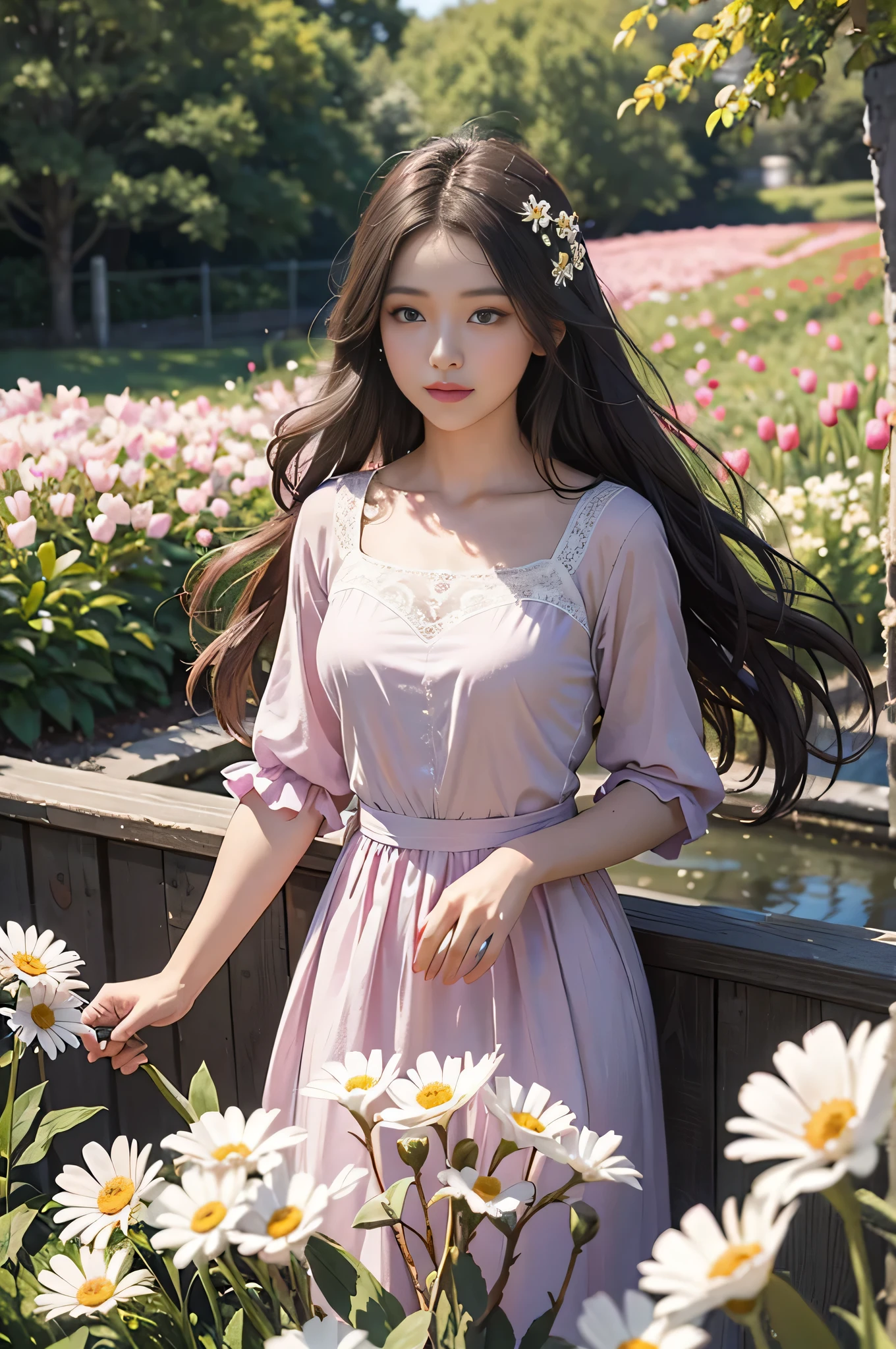 Wearing a bright purple dress,Bring out her fair complexion, Standing gracefully in front of a flowery garden,Front Shooting, Double exposure effect creates an ethereal atmosphere,bathed in the warm glow of the sun. The garden was full of colorful flowers, Including roses, tulips, and daisies, Create a picturesque background. girl surrounded by breeze, Let her hair flow gracefully. As she gazes into the distance,Her eyes are full of curiosity and innocence, hinting at her charming smile, There's a story behind this. Portraits are created with oil paints, Give it a rich and timeless feeling. vibrant with colors、with dynamism, Focus on warm colors,Create a feeling of warmth and well-being. The lighting is soft and natural, Gives girls a soft glow;s face, exquisite detailing,Enhance her facial features,Create a sense of depth. The overall quality of the artwork is of the highest standard, Every stroke reveals the artist's style'of talent;Talents;Skills and attention to detail. The degree of reality is shocking, Bring your portrait to life, Evoke a connection with the audience. This masterpiece captures the beauty and essence of the girl, provides a timeless and captivating manifestation of her existence.
