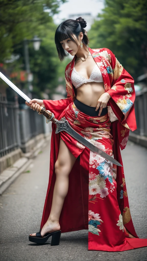 Beautiful Chinese woman, (), pretty face, red lips, white moisturized skin,
BREAK,
Athletic feminine body, Female fitness model body, Hard-toned feminine body, (muscles: 1.2), (beautiful belly button),
BREAK,
Martial arts, Kung fu, Idol,
BREAK,
(Wearing cute kimono: 1.3), (Red high heels 1.3), Necklace, Very large earrings, Short length,
BREAK,
Short hair, (Short bob hair), (Bangs: 1.2), (Pink hair), (Wavy hair),
BREAK,
(Holding a very large sword in hand: 1.4), (Holding the handle of the sword in hand: 1.3), (Raising a very large sword: 1.2), (Getting into a fighting position),
BREAK,
(Large tattoo, Japanese tattoos all over the body: 1.4),
BREAK,
Masterpiece, Perfect lighting, Ultra high resolution, 8K, (Very detailed: 1.4), (front view), looking at camera, melancholic expression,
BREAK,
(Tokyo city, lots of people in background), Japanese city background,