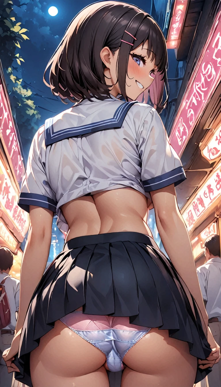 Night Park、high school girl、Grin、Large Breasts、Black bob hair、hairpin、Lift up the skirt、Pink string buns、Showing off panties、Onlookers near the girl、Angle from directly below、Shooting from behind、Back view、Ass