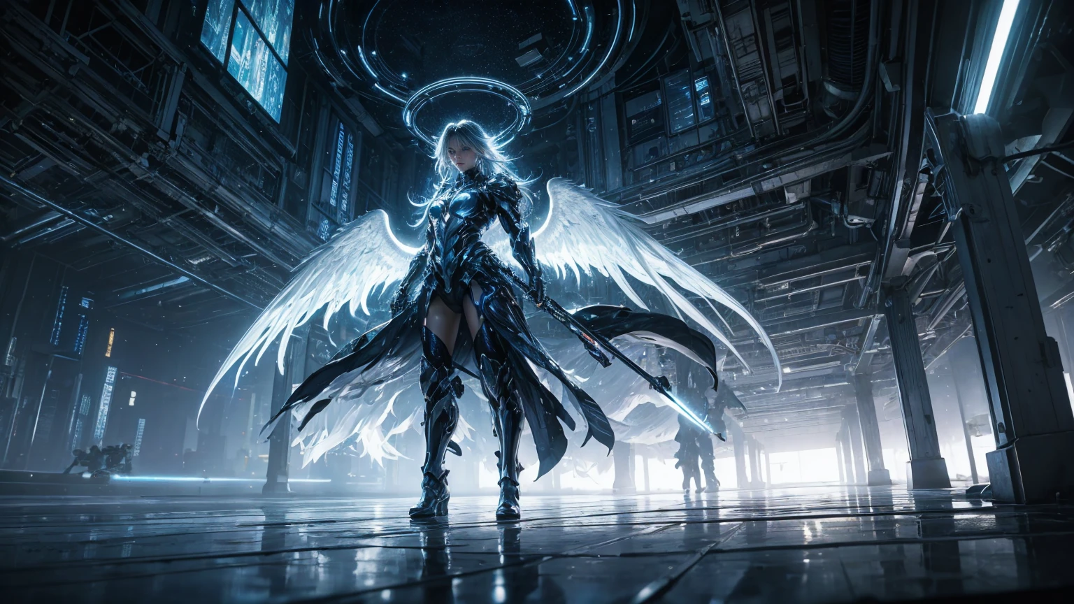 ((masterpiece, Highest quality, Best image quality, High resolution、４ｋ)) One beautiful silver female angel of justice、very beautiful、Glowing white giant wings、Glowing halo、Flowing White Cyber Robe、god々Shining with a bright light。Shiny advanced cybernetic enhancements. Seen in dynamic action poses, reflection on a smooth surface. The cityscape below is filled with towering skyscrapers., illuminated by colorful holographic advertisements, Shining with blue energy, Mighty power. 全体的にgod秘的でミステリアスな雰囲気です, It had a futuristic techno vibe.. The lighting is dramatic, Intense highlights and deep shadows, Creates depth and tension