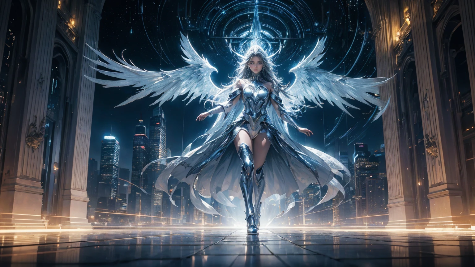 ((masterpiece, Highest quality, Best image quality, High resolution、4k)) One beautiful silver female angel of justice、very beautiful、Glowing white giant wings、Glowing halo、Flowing White Cyber Robe、god々Shining with a bright light。Shiny advanced cybernetic enhancements. Seen in dynamic action poses, reflection on a smooth surface. The cityscape below is filled with towering skyscrapers., illuminated by colorful holographic advertisements, Shining with blue energy, Mighty power. 全体的にgod秘的でミステリアスな雰囲気です, It had a futuristic techno vibe.. The lighting is dramatic, Intense highlights and deep shadows, Creates depth and tension