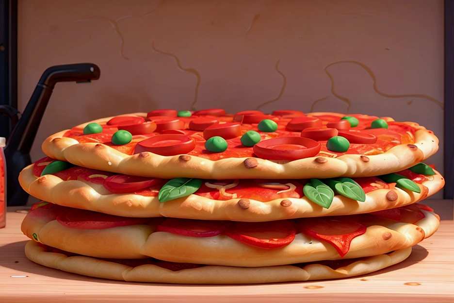 zoom, dishes of hot pizzas and salads, pixar style