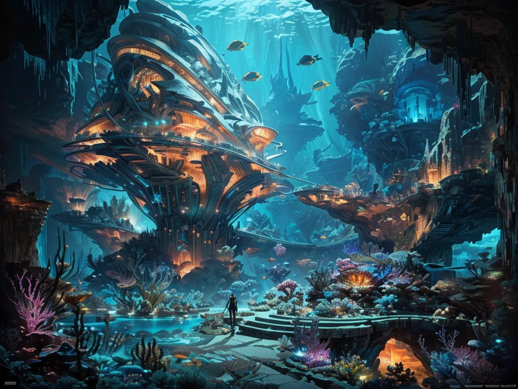 A group of people in a cave with a giant fish, futuristic underwater ...
