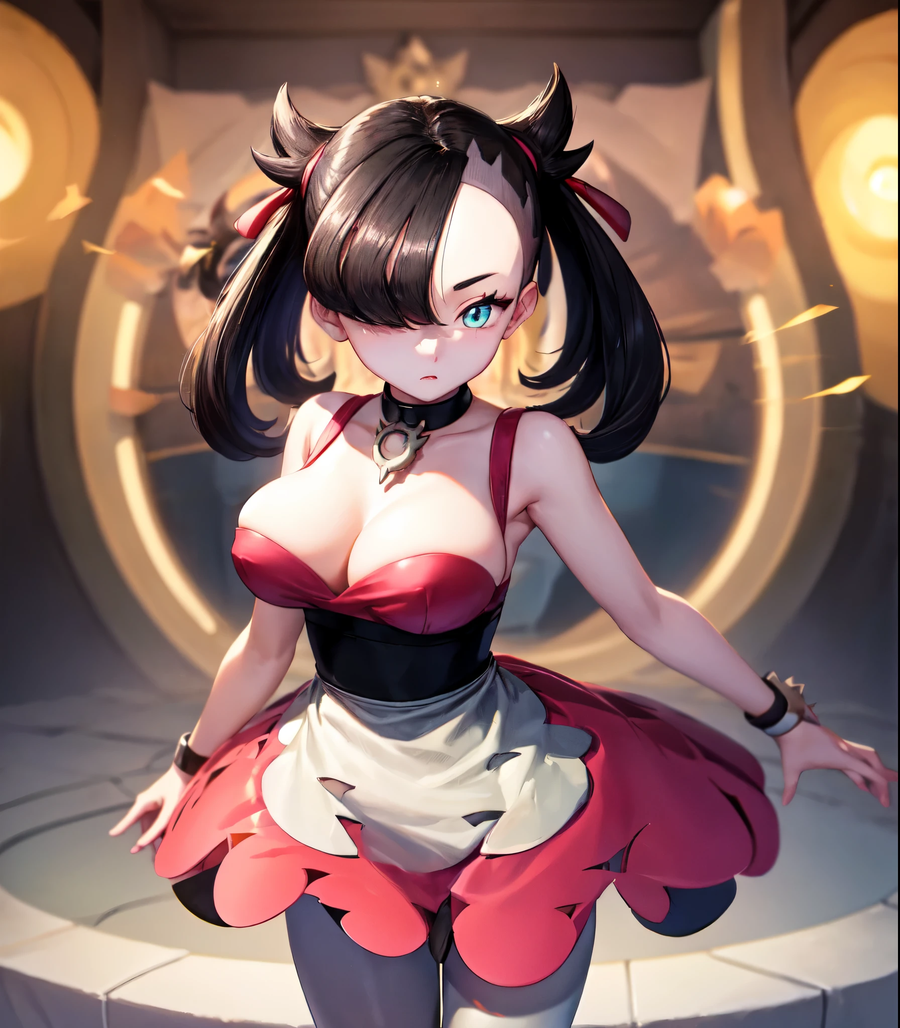 alone、(Hypnotized Cynthia Cartoon_\(Pokemon\)、Hair on one eye、Big Breasts、bangs、Glowing pink eyes、1 girl、White Pantyhose、swirl eyes、Expanding pink eye control、@ @、Hollow Eyes、Hollow Gaze)、indoor、Not aware、swirl eyes、Expressionlesaid、Maid's Headdress、Wrist cuff、Waist apron、neck bell、throw,No text,marnie