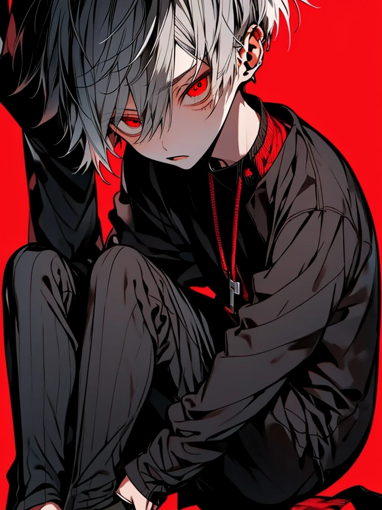 High resolution, solo, One man、Shortcuts, Gray Hair, Red eyes, Solemn, Simple Background, Feet out of frame,