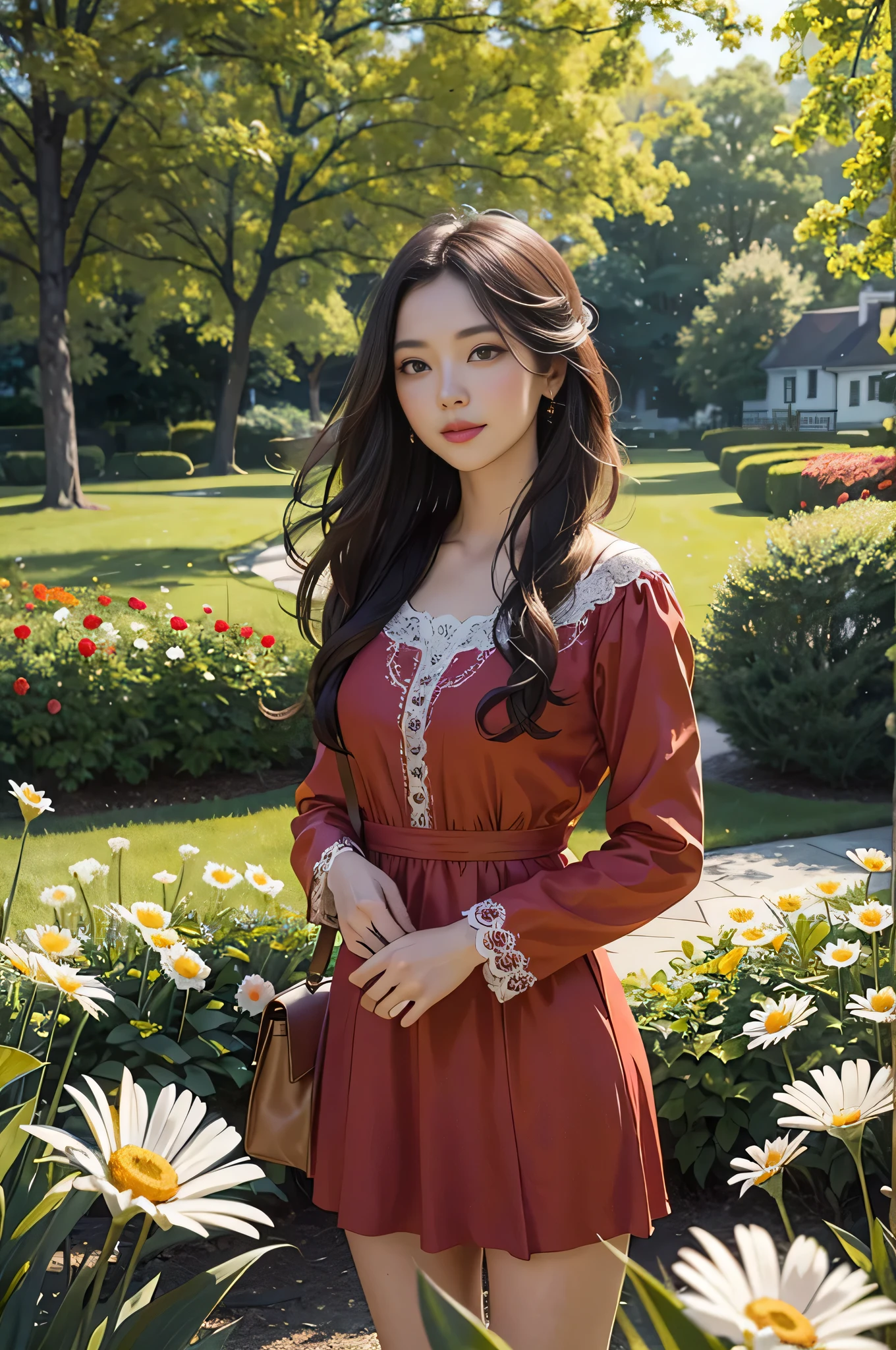 Wearing a bright red dress，Bring out her fair complexion, Standing gracefully in front of a flowery garden,Front Shooting， Double exposure effect creates an ethereal atmosphere，bathed in the warm glow of the sun. The garden was full of colorful flowers, Including roses, tulips, and daisies, Create a picturesque background. girl surrounded by breeze, Let her hair flow gracefully. As she gazes into the distance，Her eyes are full of curiosity and innocence, hinting at her charming smile, There's a story behind this. Portraits are created with oil paints, Give it a rich and timeless feeling. vibrant with colors、with dynamism, Focus on warm colors，Create a feeling of warmth and well-being. The lighting is soft and natural, Gives girls a soft glow;s face, exquisite detailing，Enhance her facial features，Create a sense of depth. The overall quality of the artwork is of the highest standard, Every stroke reveals the artist&#39;s style&#39;of talent;Talents;Skills and attention to detail. The degree of reality is shocking, Bring your portrait to life, Evoke a connection with the audience. This masterpiece captures the beauty and essence of the girl, provides a timeless and captivating manifestation of her existence.