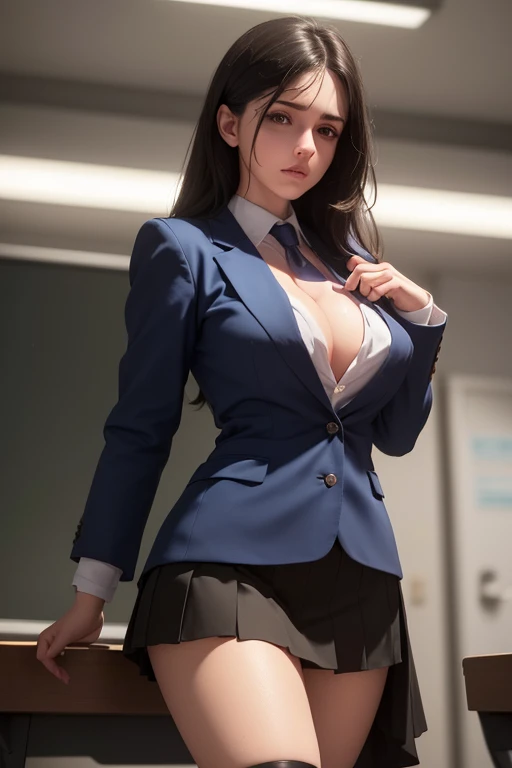 1 girl, beautiful young woman, black hair, very short, large bust ((with cleavage)) messy blue blazer uniform, tie, tight skirt, knee socks, standing in the anatomy club room, looking at the viewer, expression sweet, human body drawings on blackboard, (best quality, 4k, 8k, high resolution, masterpiece: 1.2), ultra-detailed, (realistic, photorealistic, photorealistic: 1.37), anatomy, scientific, accurate, hyperrealistic, Intricate details, vivid colors, cinematic lighting, volumetric lighting, depth of field, photorealistic rendering