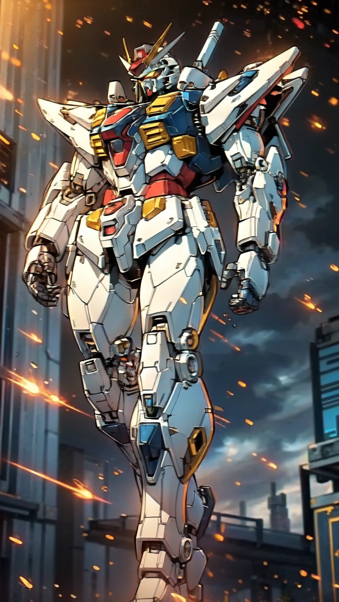 (masterpiece:1.5, best quality:1.5, extremely delicate:1.5), humanoid Mecha, fully enclosed shoulder guards, matching arm and leg guards, full body, full armor, the design balances heavy with agility, (the color scheme is primarily white with red and blue accents, the concept Inspired by Super robot, organic biotech armor, standing, floating high above the futuristic sci-fi city), exquisite and mature art style, (aura effect, energy, glowing eyes, the armor glows), metallic, dramatic, high definition, highres, ultra-detailed, ultra-fine painting, professional, perfect body proportions, anatomically correct, symmetrical face, extremely detailed eyes and face, high quality eyes, creativity, RAW photo, UHD, 32k, Natural light, cinematic lighting, masterpiece-anatomy-perfect