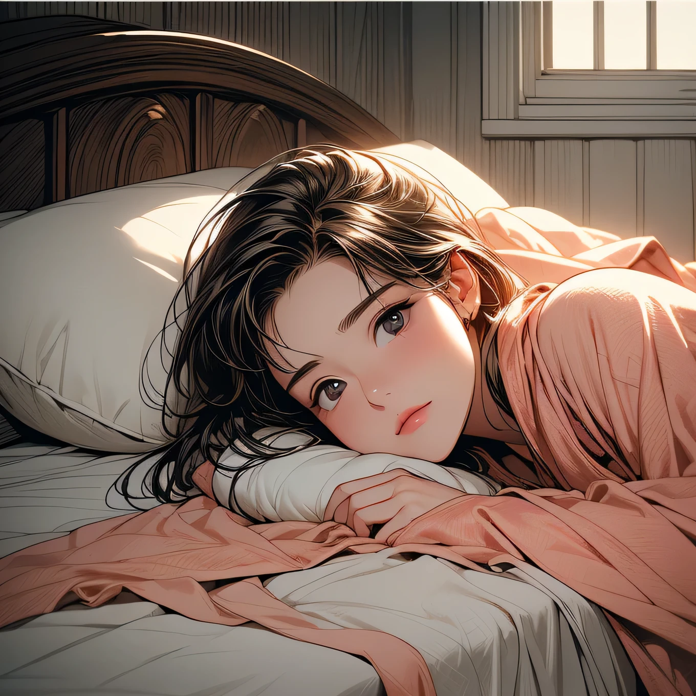 (masterpiece:1.4), (high-quality, high-definition, high-resolution), Realistic style, (primary warm vivid color palette),a beautiful woman with cold, cooling sheet on forehead, wears warm pajamas, huddled under quilt in bed in private room, cold symptoms, pained expression, (wrapped in a blanket, a Smartphone in her hand:1.2), (richly drawn and delicate)